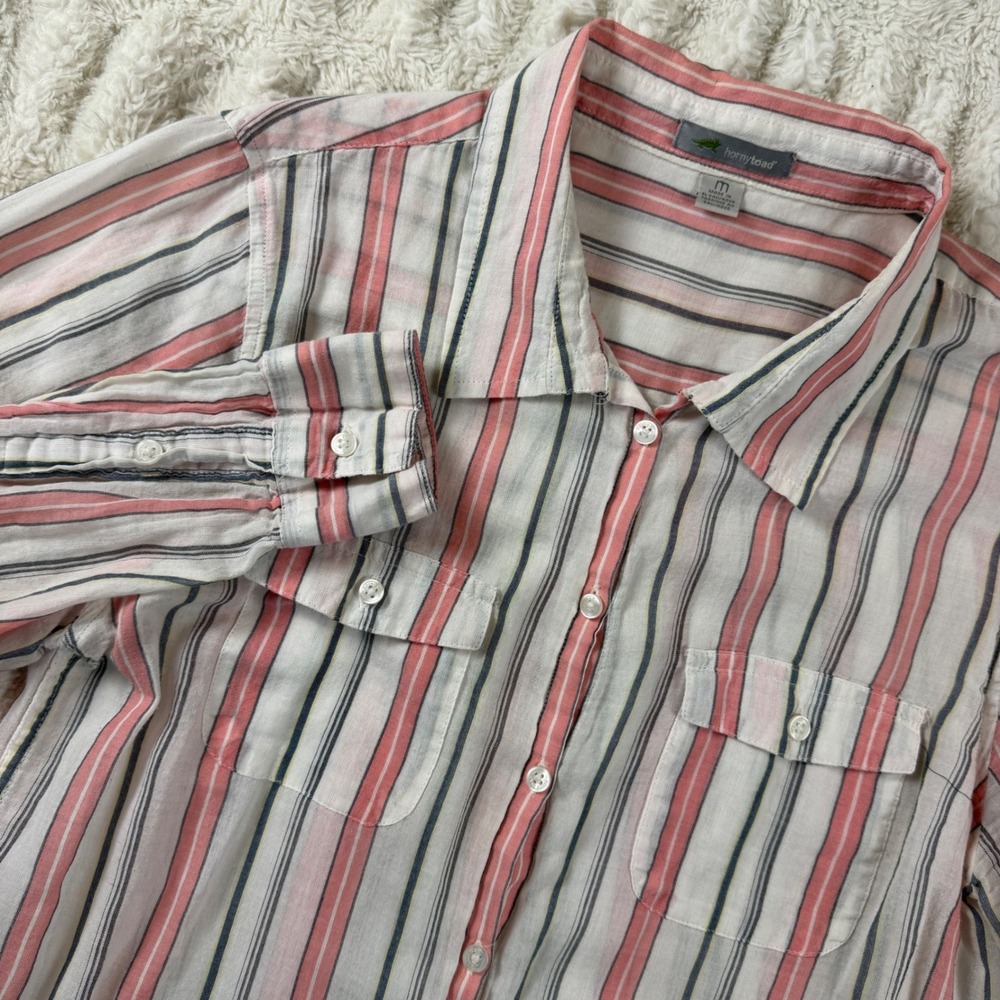Horny Toad Womens Medium Organic Cotton Striped Button Down Shirt Pink White